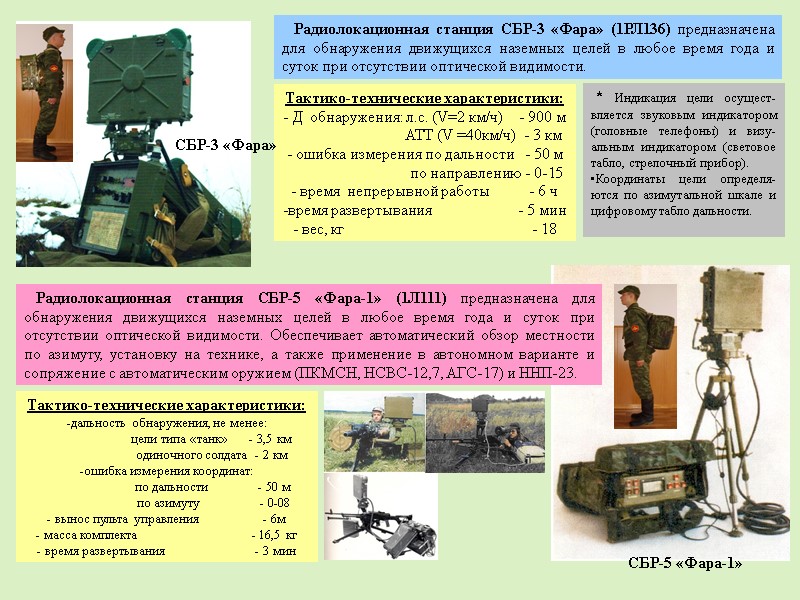 Радиолокационная станция СБР-3 «Фара» (1РЛ136) предназначена для обнаружения движущихся наземных целей в любое время